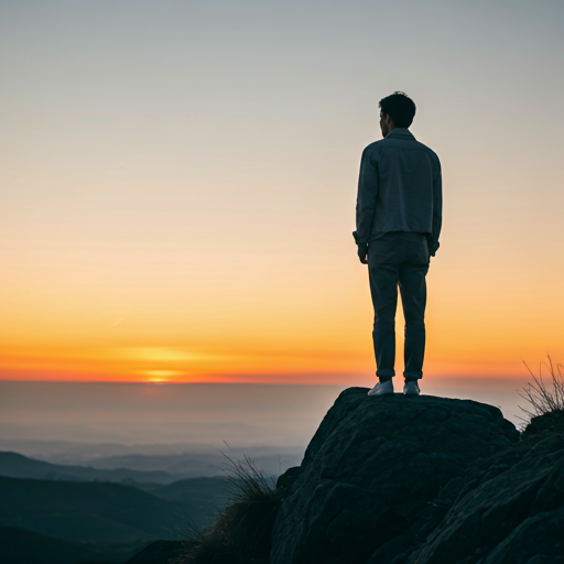 A person looking thoughtfully towards a horizon at sunset.